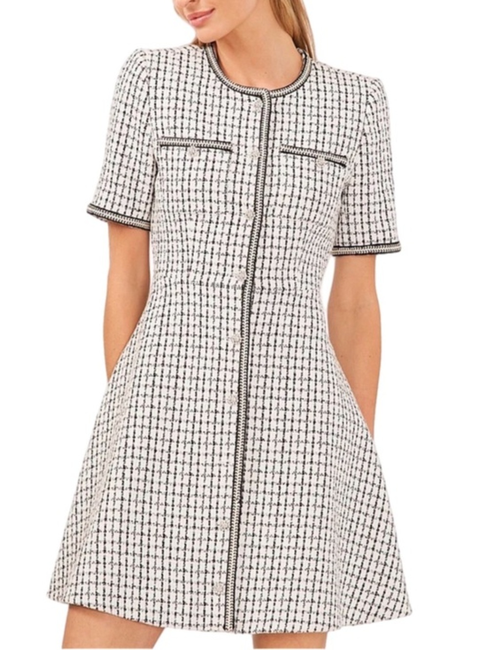 CeCe | Crew Neck Black & White Tweed Fit & Flare Dress Silver Button Down